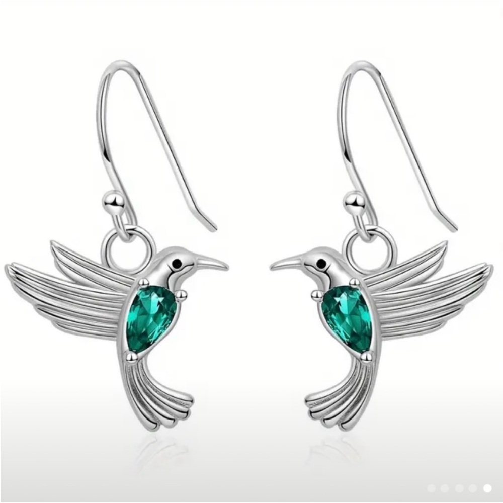 Silver Hummingbird Drop Earrings with Emerald Green Crystal